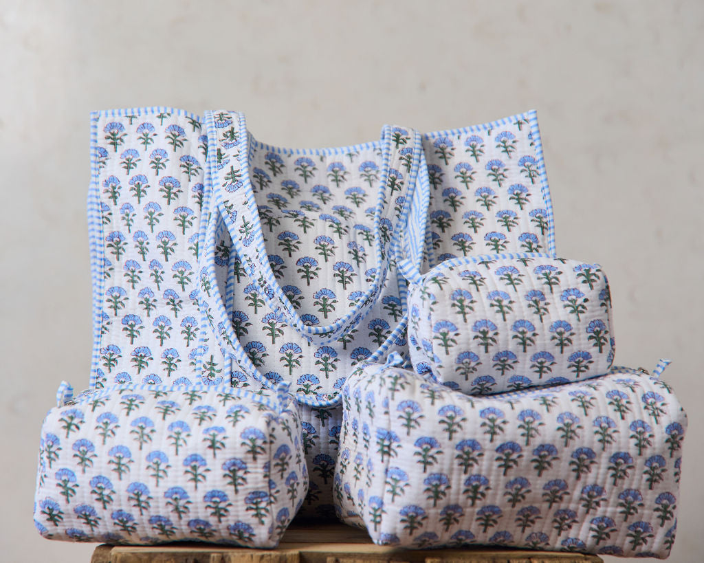 Spring 26 Quilted Tote Bag — Floral Mix Blue Frill