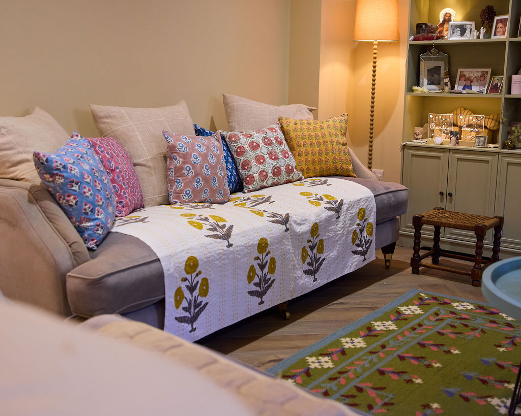 Cottage Core Cushion — Dusty Pink/Blue Piped