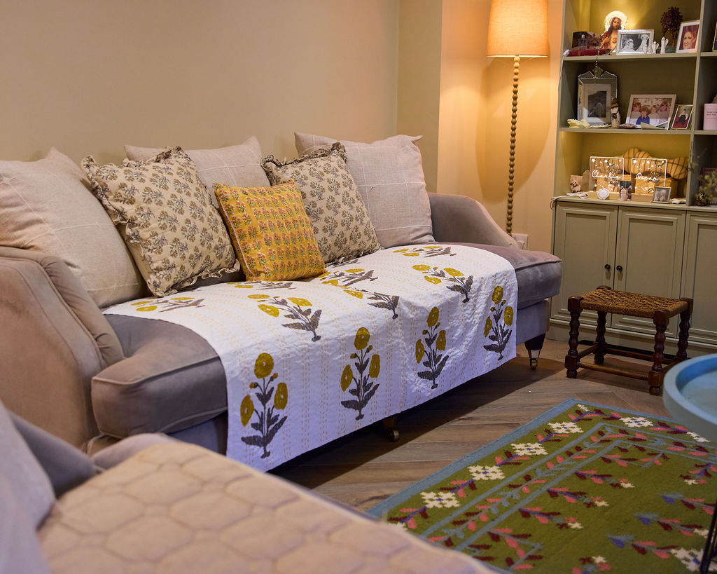 Handcrafted Kantha Throw - Marigold and Grey