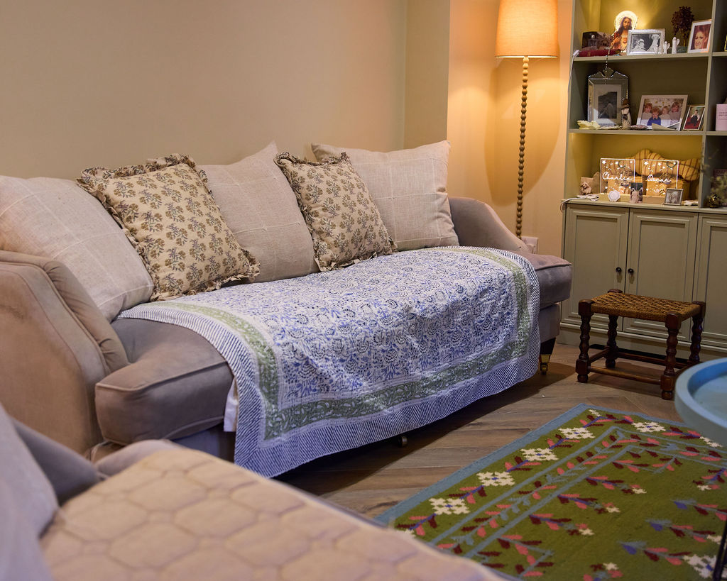Handcrafted Kantha Throw — Sage and Creams