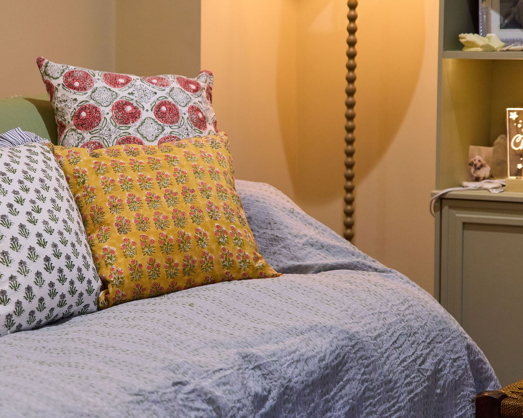 Cottage Core Cushion - Pattern Grey/Green Piped