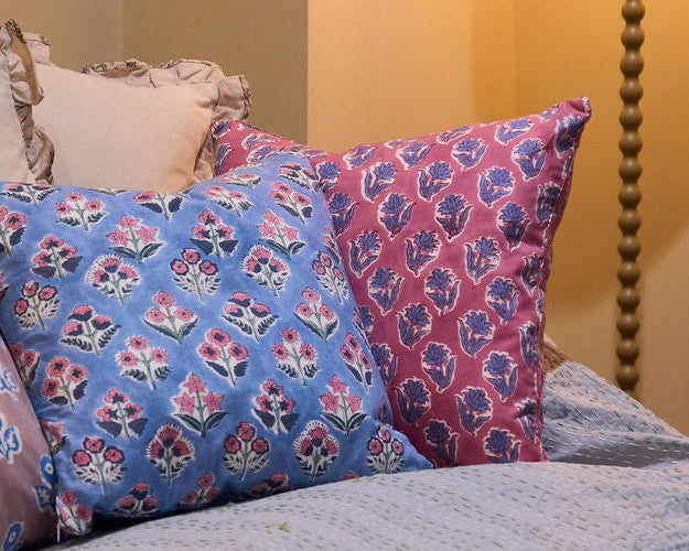Cottage Core Cushion — Dusty Pink/Blue Piped