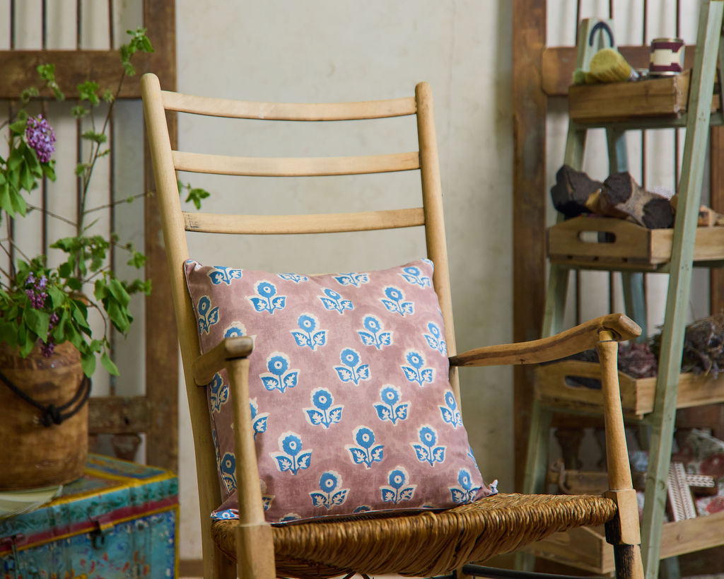 Cottage Core Cushion —Blue Motif/Piped