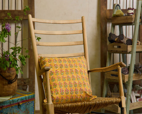Cottage Core Cushion — Motif Yellow Piped, 45 x 45 cm (18 x 18 inches), Feather Filled
