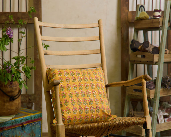 Cottage Core Cushion — Motif Yellow Piped, 45 x 45 cm (18 x 18 inches), Feather Filled