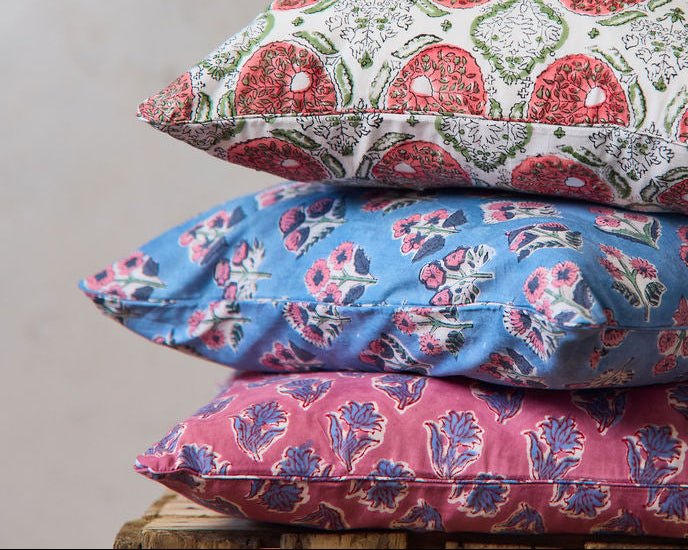 Cottage Core Cushion — Dusty Pink/Blue Piped