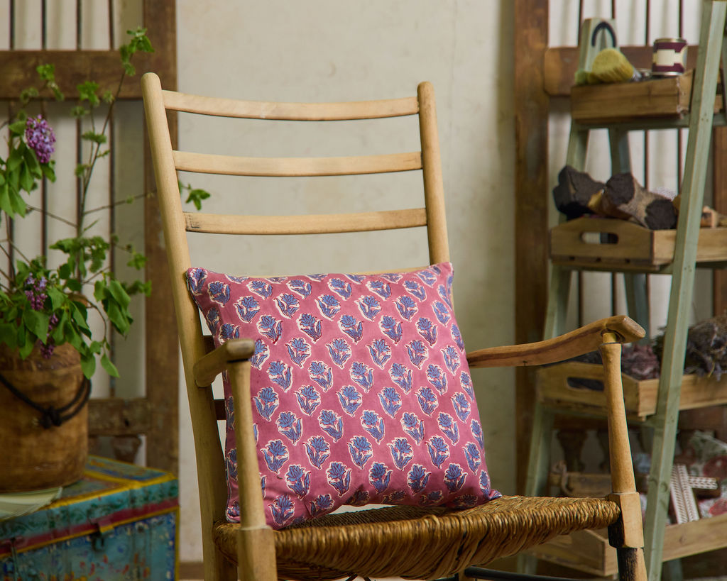 Cottage Core Cushion — Dusty Pink/Blue Piped