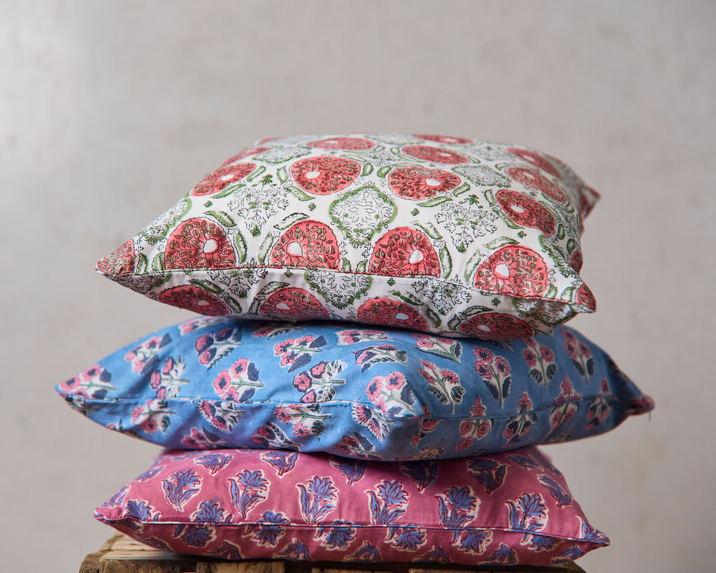 Cottage Core Cushion - Pattern Grey/Green Piped