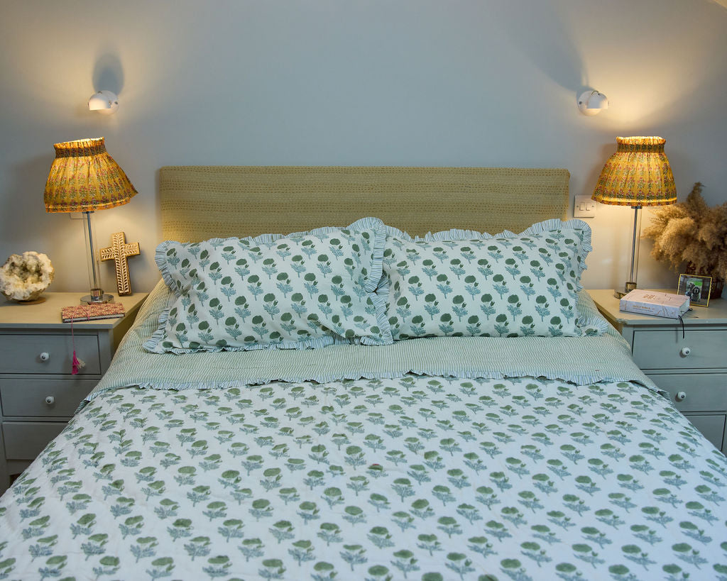 Cotton Razai Quilt — Marigold Motif, Pale Blues & Greens (King + Pillow Cases)