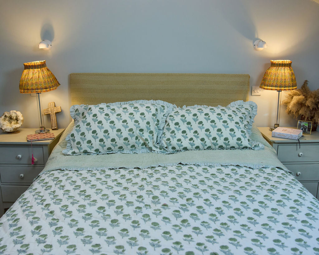 Cotton Razai Quilt — Marigold Motif, Pale Blues & Greens (King + Pillow Cases)