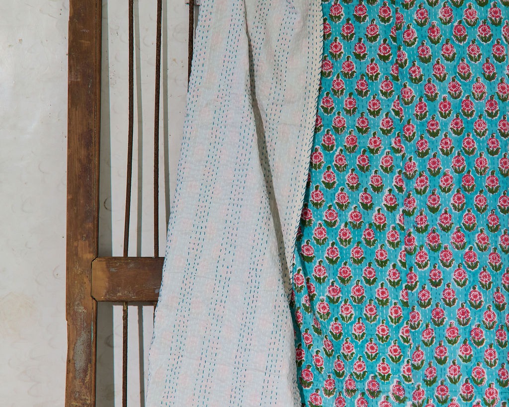 Handcrafted Kantha Throw — Blue Mix, size 60 x 90 inches (152 x 229 cm)