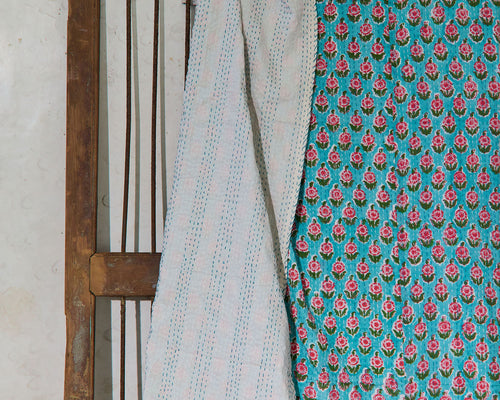Handcrafted Kantha Throw — Blue Mix, size 60 x 90 inches (152 x 229 cm)