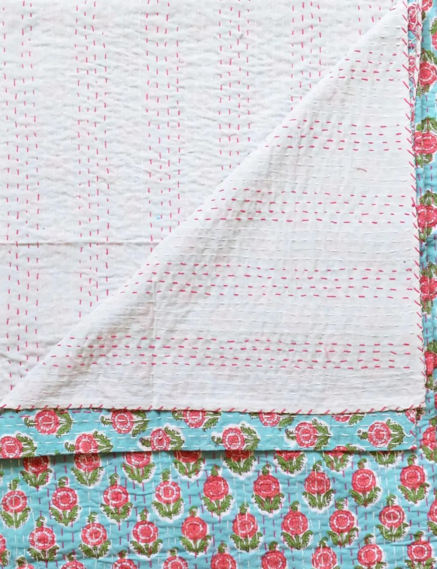 Handcrafted Kantha Throw — Blue Mix