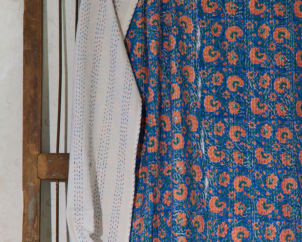 Handcrafted Kantha Throw — Blues and Reds, size 60 x 90 inches (152 x 229 cm)