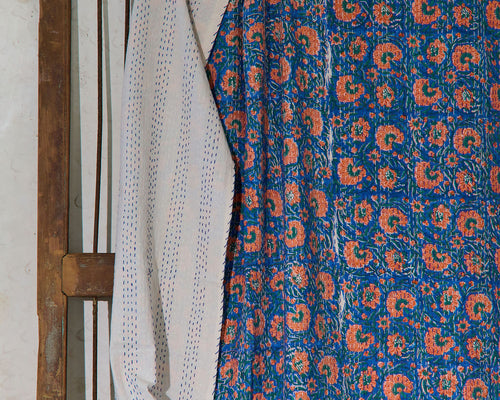 Handcrafted Kantha Throw — Blues and Reds, size 60 x 90 inches (152 x 229 cm)