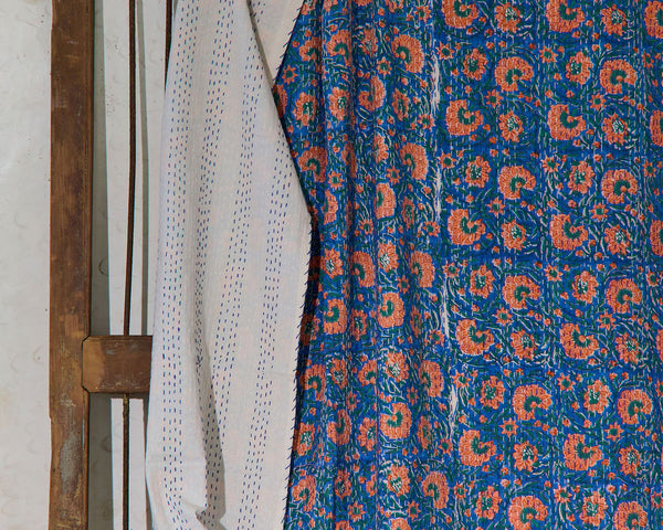 Handcrafted Kantha Throw — Blues and Reds, size 60 x 90 inches (152 x 229 cm)