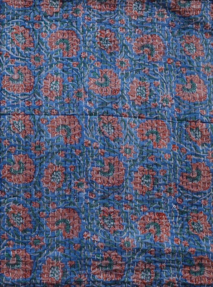 Handcrafted Kantha Throw — Blues and Reds