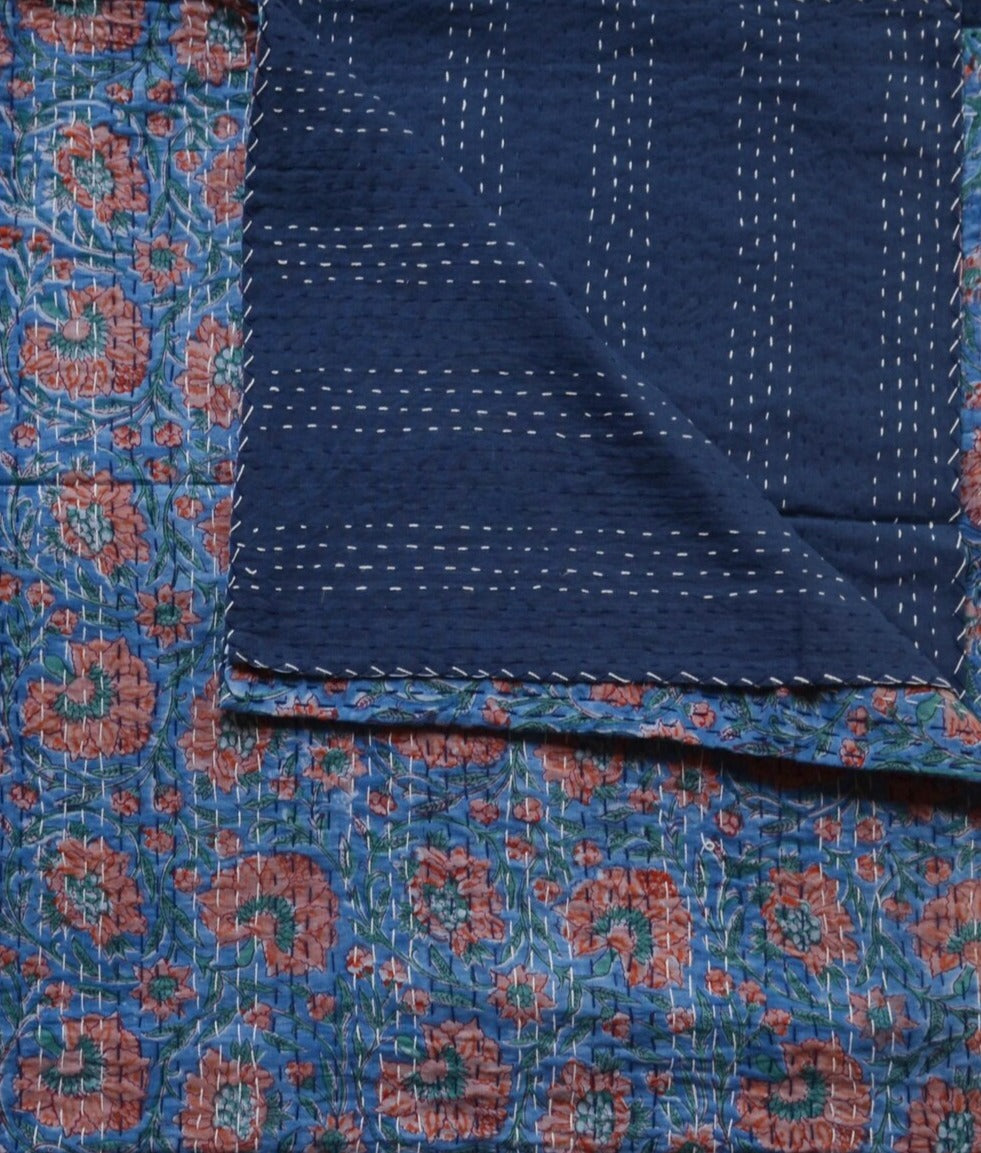 Handcrafted Kantha Throw — Blues and Reds