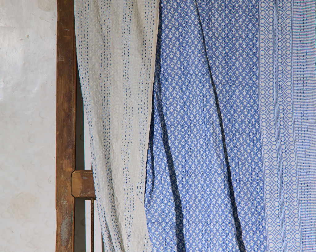 Handcrafted Kantha Throw — Blues, size 60 x 90 inches (152 x 229 cm)