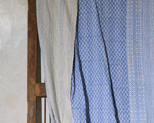 Handcrafted Kantha Throw — Blues, size 60 x 90 inches (152 x 229 cm)