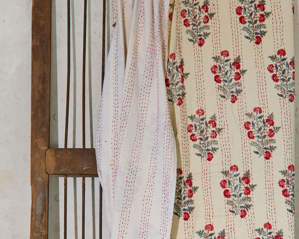 Handcrafted Kantha Throw — Cream and Carnations, size 60 x 90 inches (152 x 229 cm)