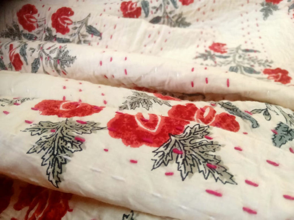 Handcrafted Kantha Throw — Cream and Carnations