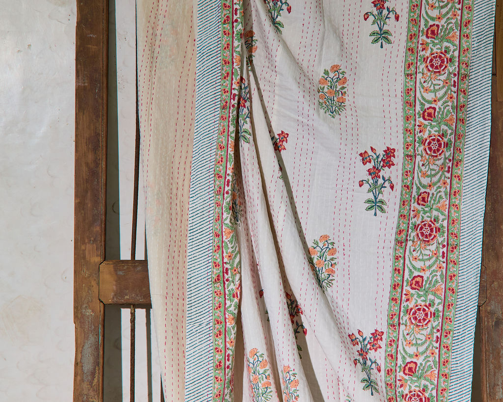 Handcrafted Kantha Throw — Florals Blue, size 60 x 90 inches (152 x 229 cm)