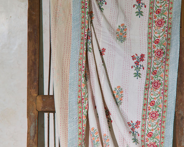 Handcrafted Kantha Throw — Florals Blue, size 60 x 90 inches (152 x 229 cm)