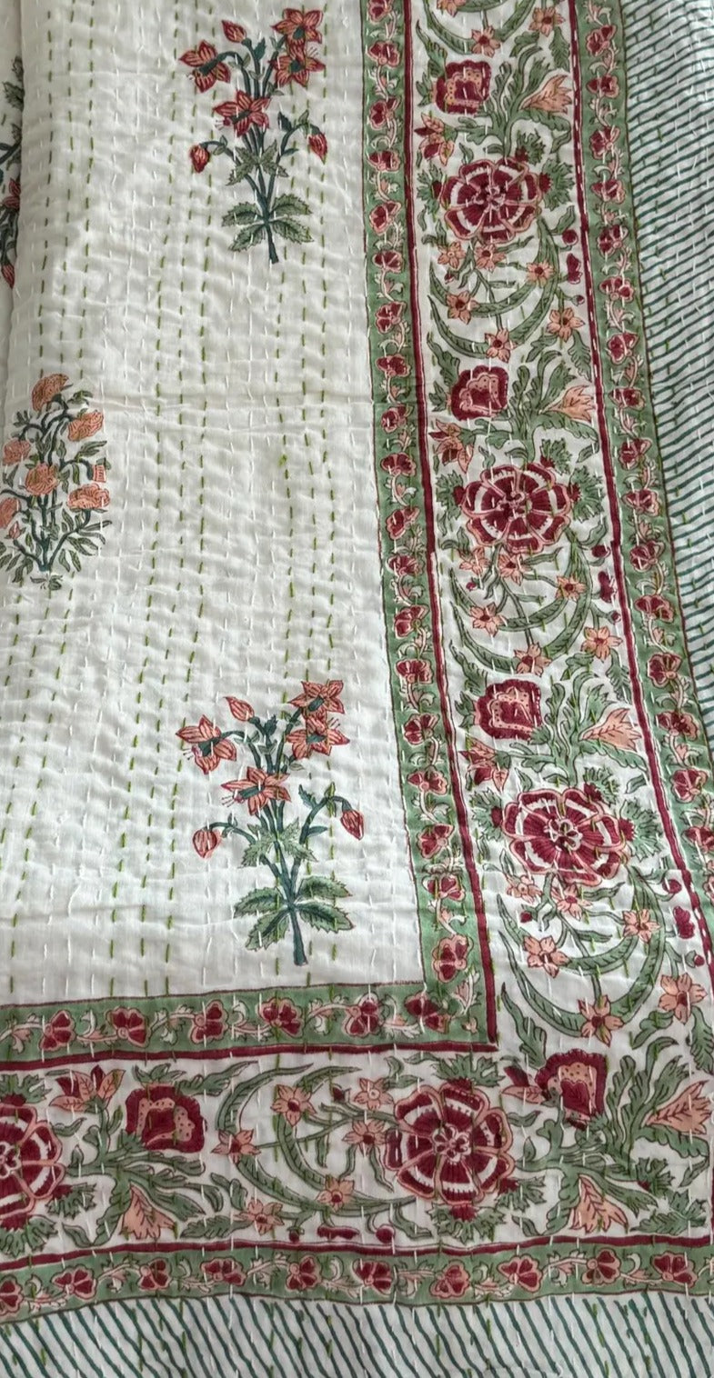 Handcrafted Kantha Throw — Florals Blue