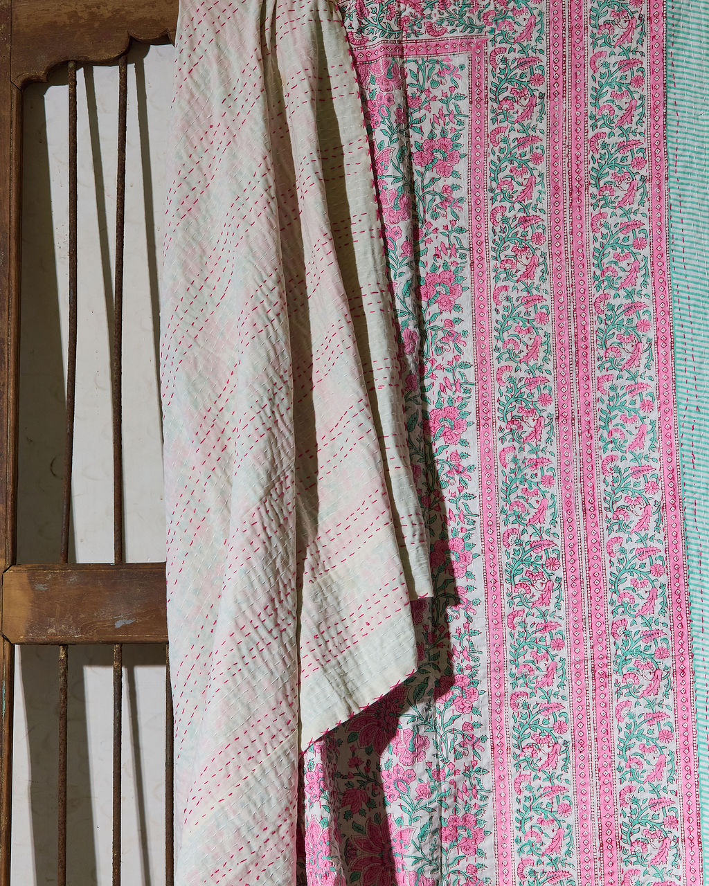 Handcrafted Kantha Throw — Green Mix, size 60 x 90 inches (152 x 229 cm)