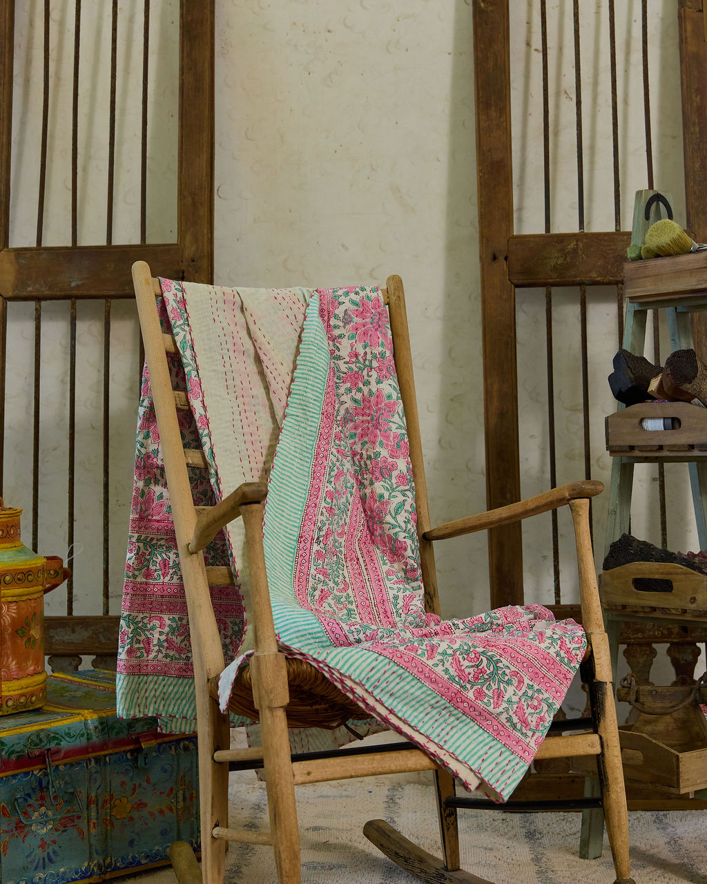 Handcrafted Kantha Throw — Green Mix