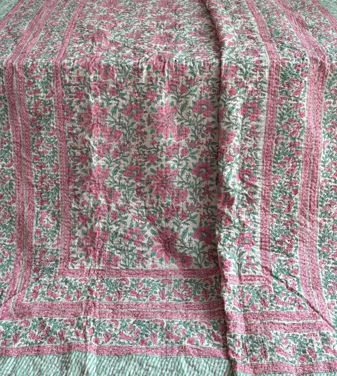 Handcrafted Kantha Throw — Green Mix