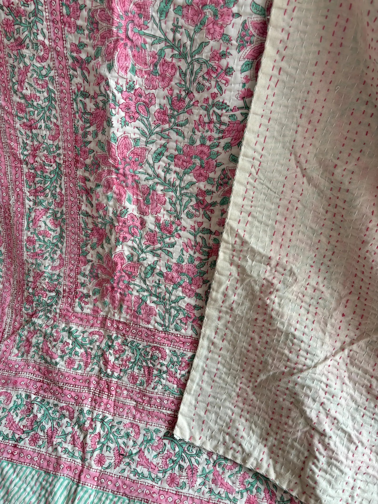 Handcrafted Kantha Throw — Green Mix
