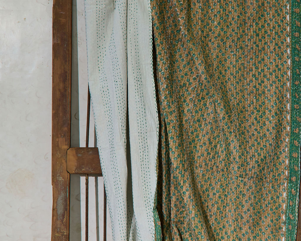 Handcrafted Kantha Throw — Greens, size 60 x 90 inches (152 x 229 cm)