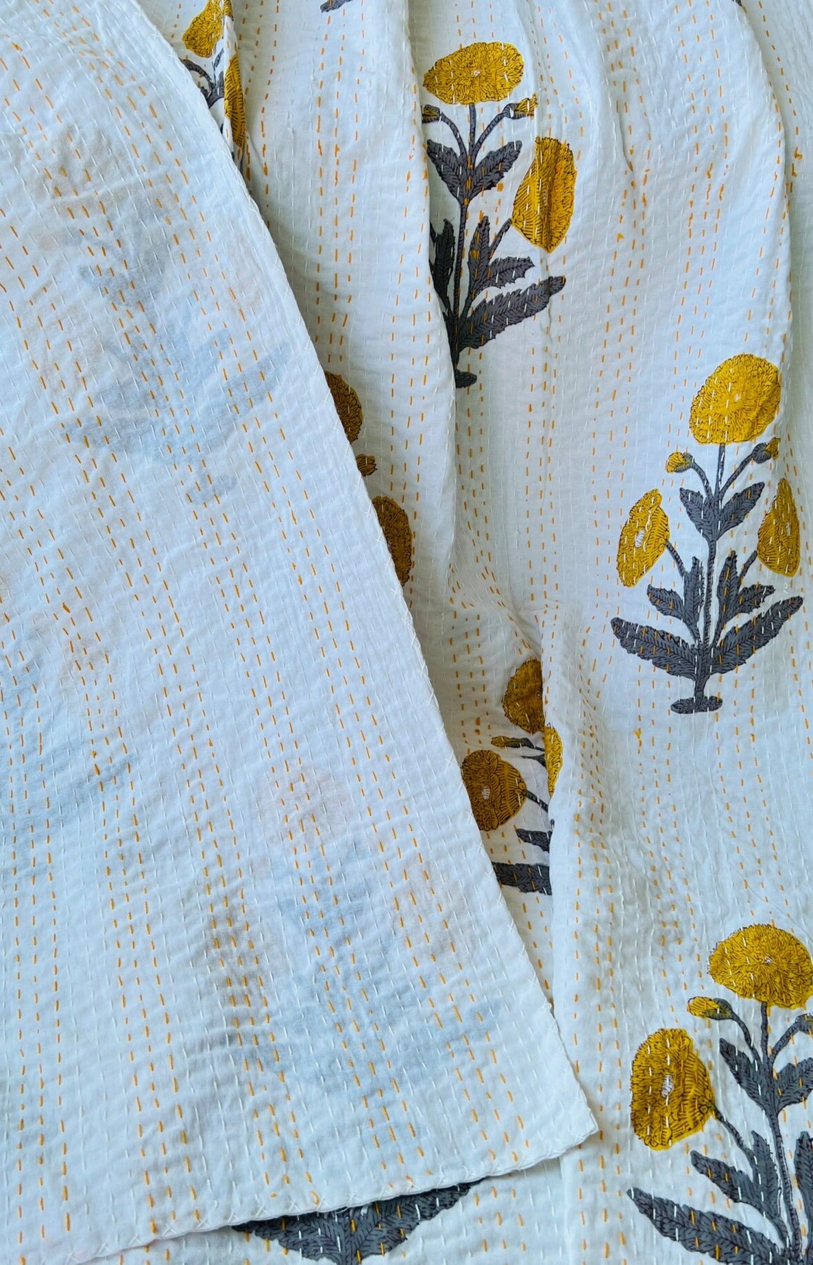 Handcrafted Kantha Throw - Marigold and Grey