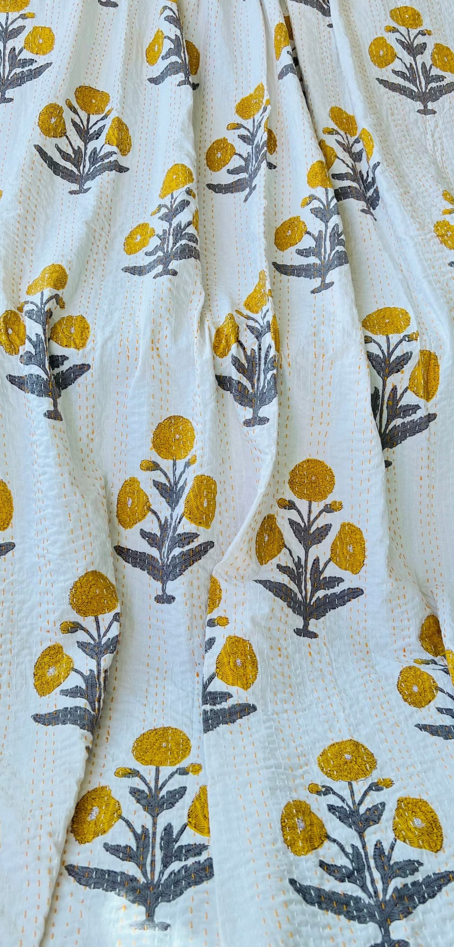 Handcrafted Kantha Throw - Marigold and Grey