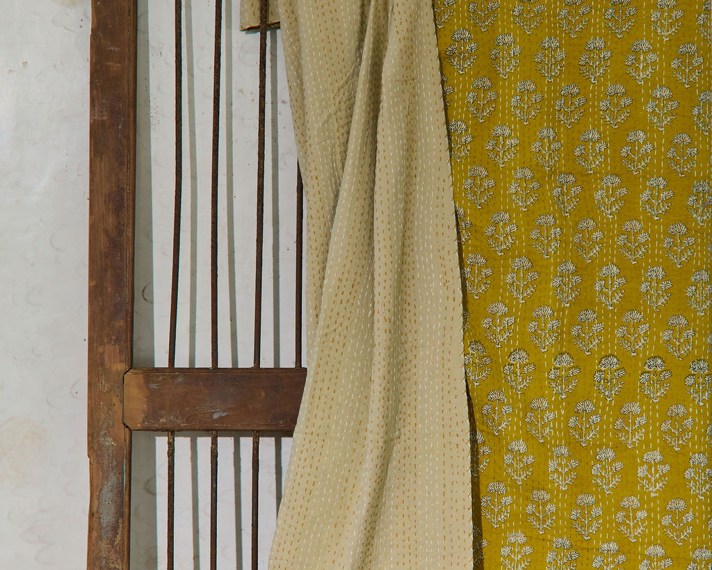 Handcrafted Kantha Throw — Mustard Repeat, size 60 x 90 inches (152 x 229 cm)