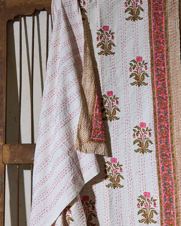 Handcrafted Kantha Throw — Paisley Cream and Pink, size 60 x 90 inches (152 x 229 cm)