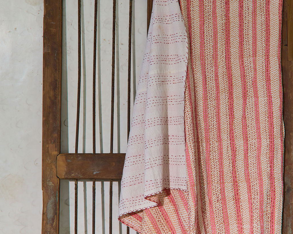 Handcrafted Kantha Throw — Pink Zigzag, size 60 x 90 inches (152 x 229 cm)