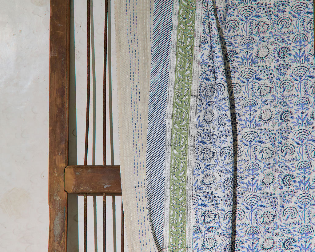 Handcrafted Kantha Throw — Sage and Creams, size 60 x 90 inches (152 x 229 cm)