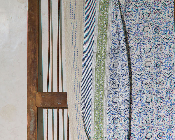 Handcrafted Kantha Throw — Sage and Creams, size 60 x 90 inches (152 x 229 cm)