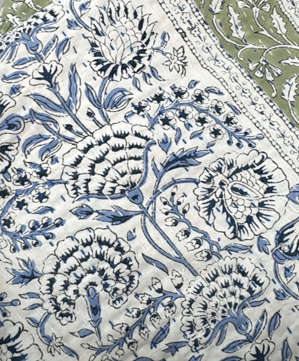 Handcrafted Kantha Throw — Sage and Creams