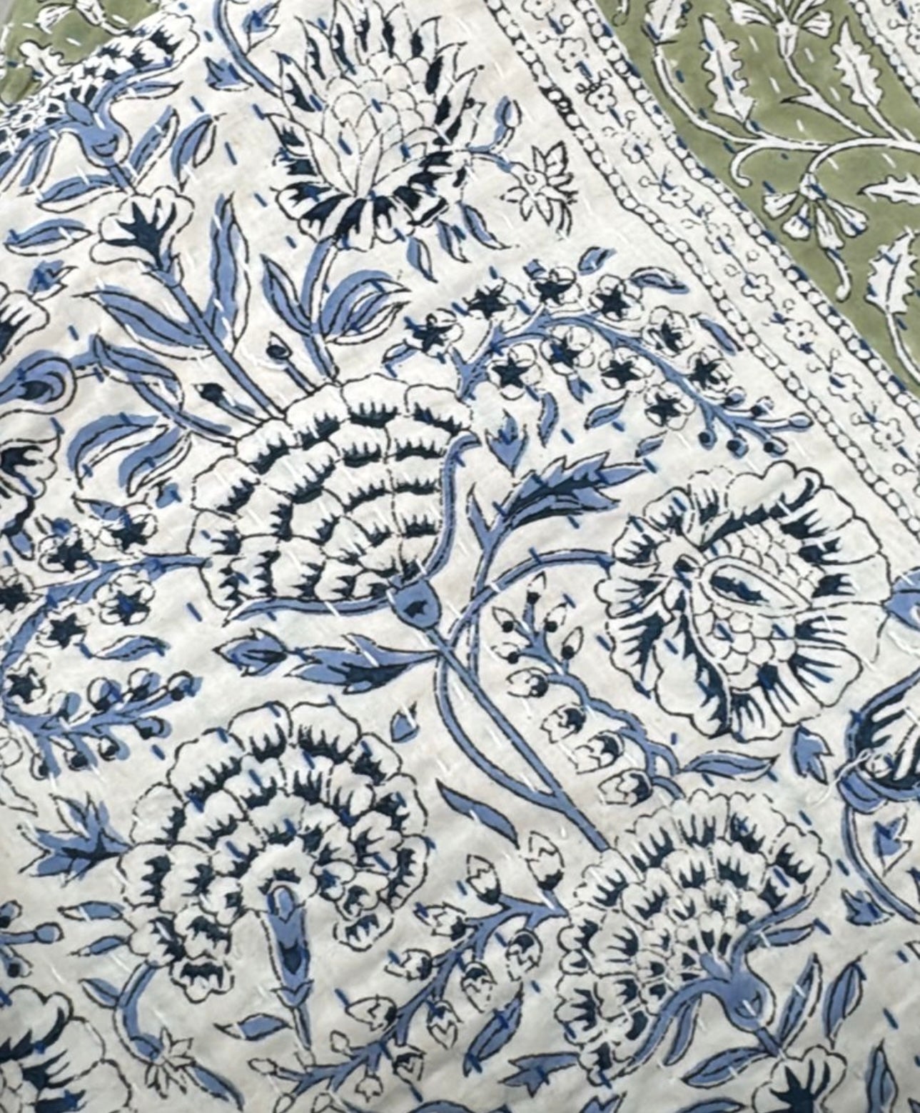 Handcrafted Kantha Throw — Sage and Creams