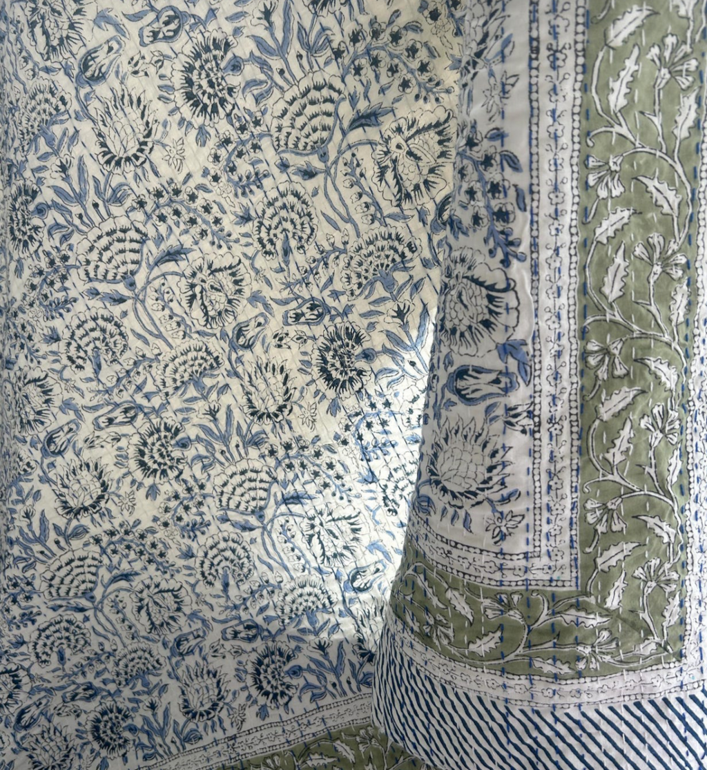 Handcrafted Kantha Throw — Sage and Creams