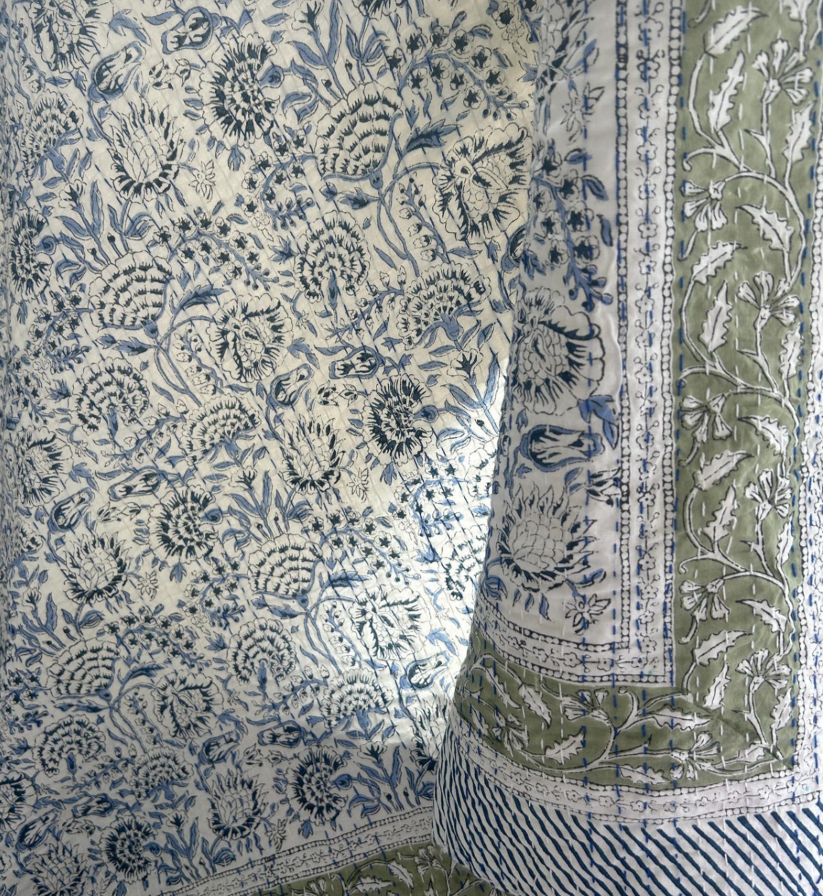Handcrafted Kantha Throw — Sage and Creams