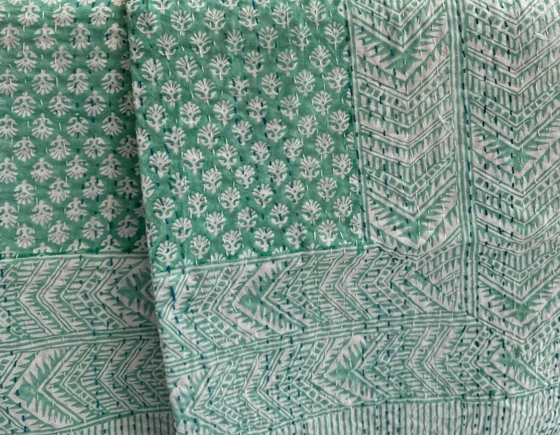 Handcrafted Kantha Throw — Turquoise