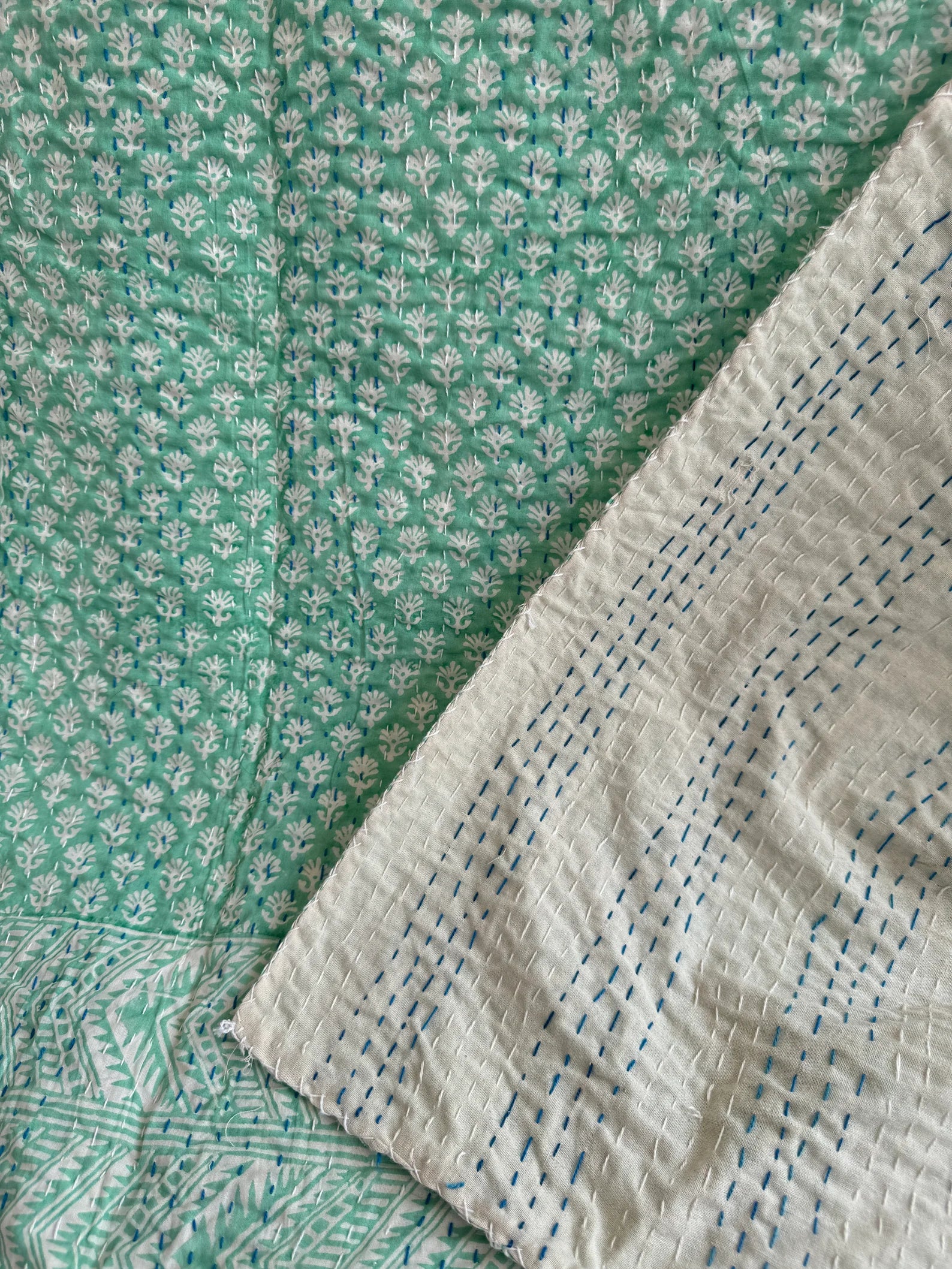 Handcrafted Kantha Throw — Turquoise