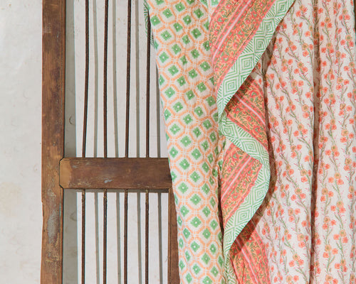Cotton Razai Quilt — Floral Geometric Peaches & Green (King + Pillow Cases), size King (229 x 274 cm) + 2 Pillow Cases