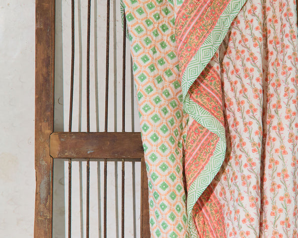 Cotton Razai Quilt — Floral Geometric Peaches & Green (King + Pillow Cases), size King (229 x 274 cm) + 2 Pillow Cases