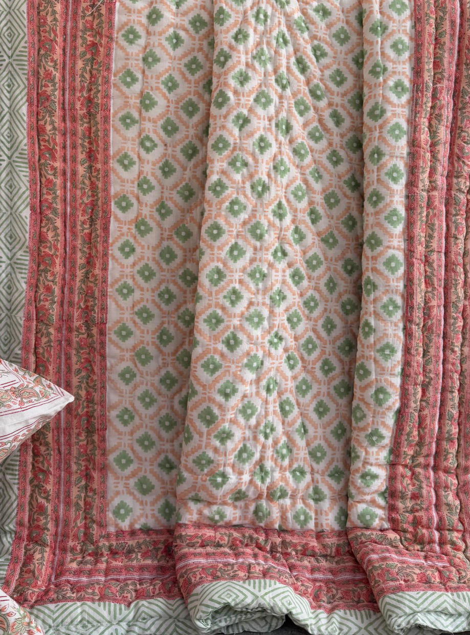 Cotton Razai Quilt — Floral Geometric Peaches & Green (King + Pillow Cases)